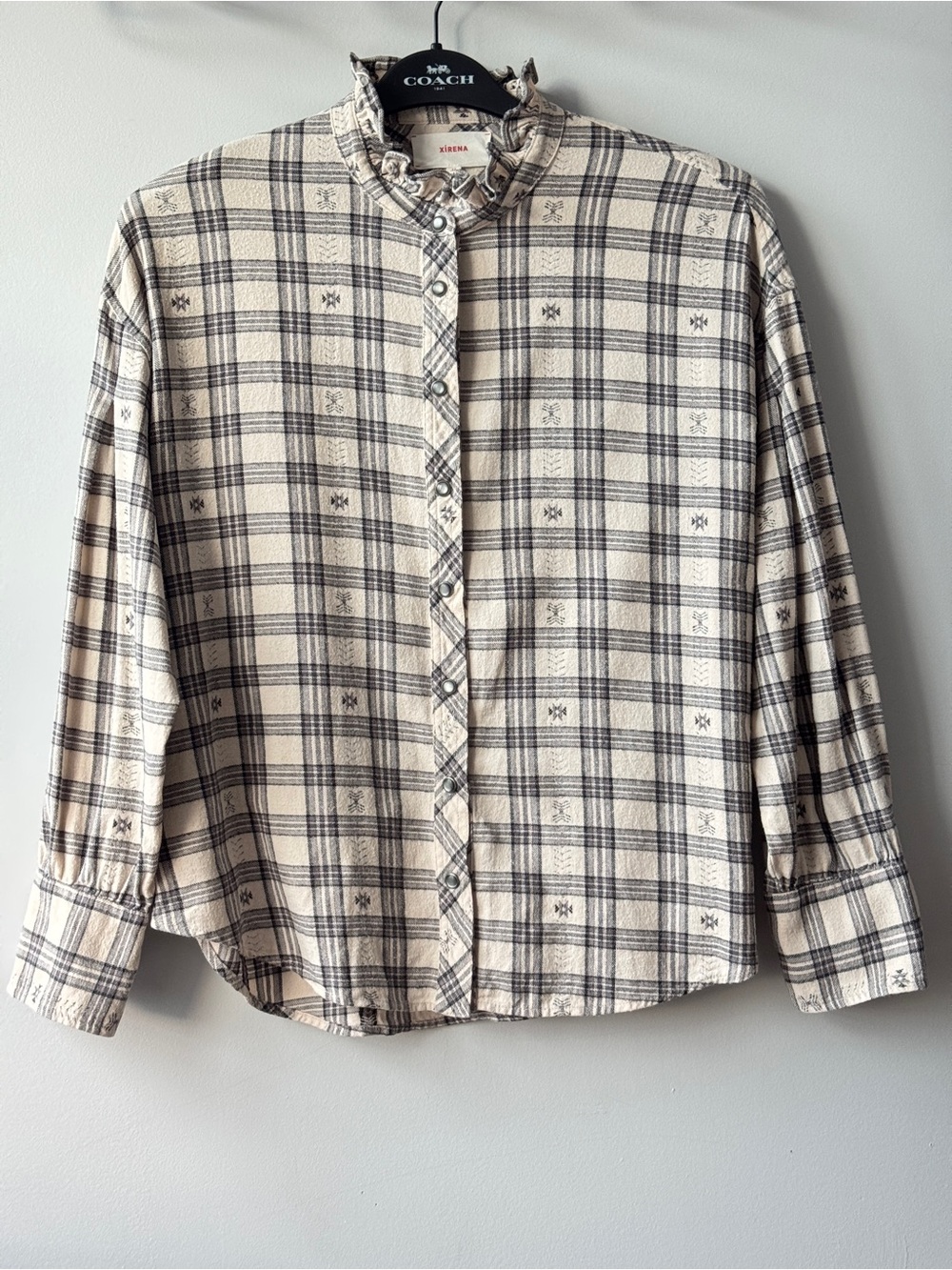 Xirena Plaid Ruffle Neck Snap Button Shirt Blouse
Size XS